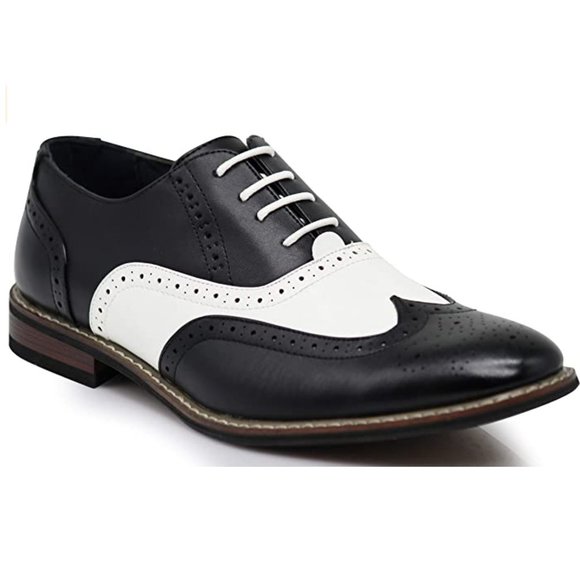 Black / White Men\'s Two Tone Perforated Wing Tip Lace Up Oxford Dress Shoes